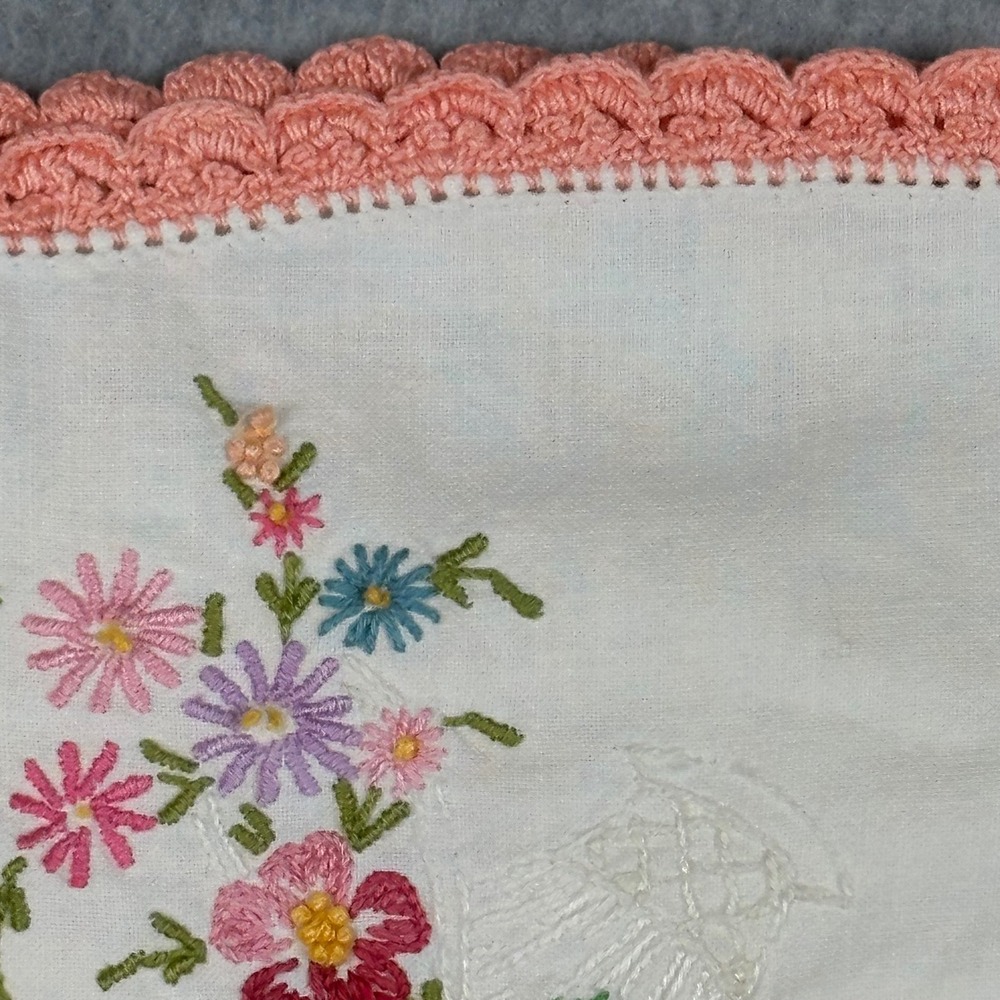 Vintage Hand Embroidered Floral Pillowcase White Cotton Peach Crochet Lace Trim - Picture 8 of 11